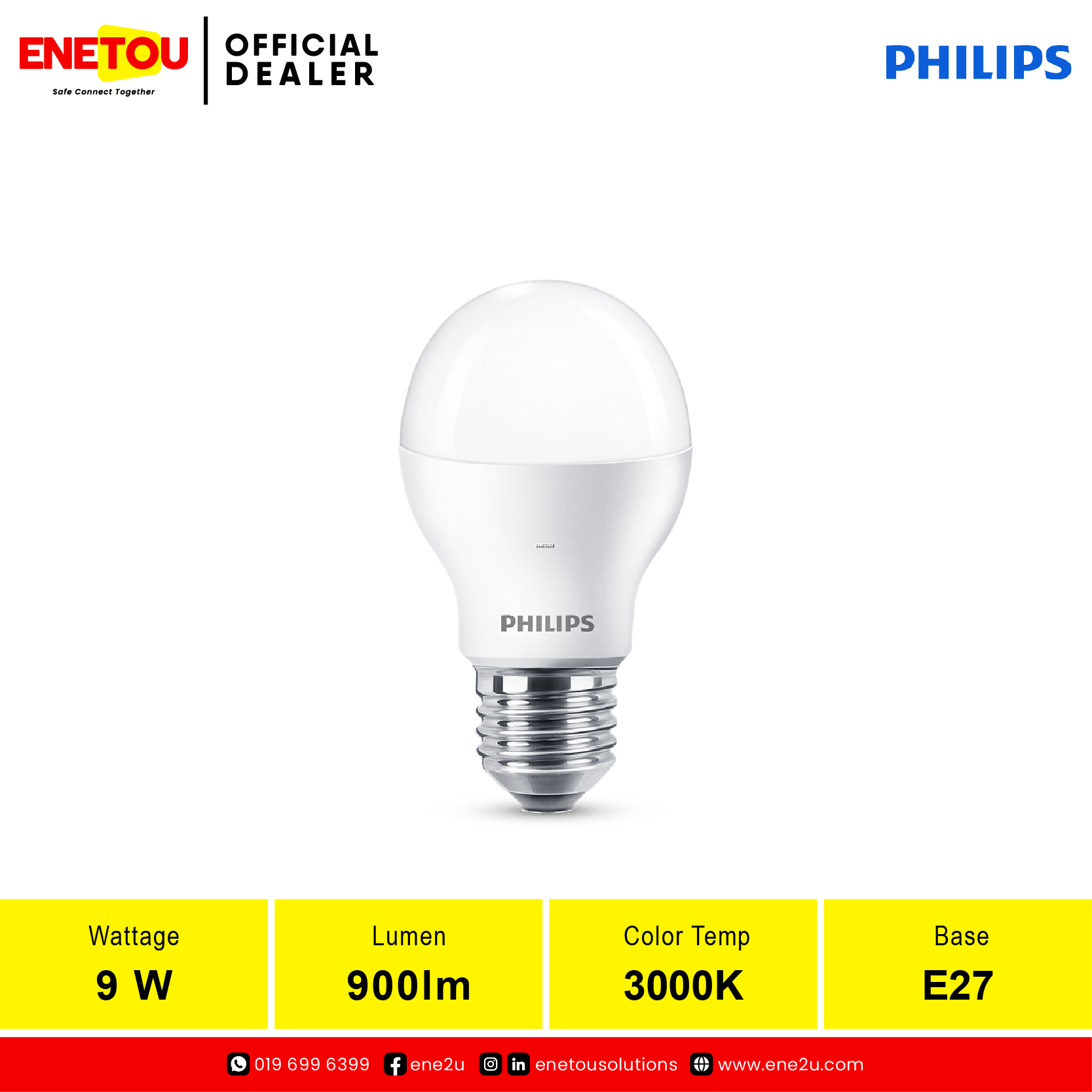 PHILIPS ESSENTIAL LEDBULB 9W E27 3000K 230V WARM WHITE